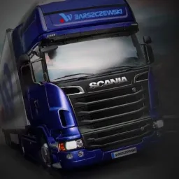 Niebieska ciężarówka Scania z logo firmy transportowej Barszczewski na tle rozmytego krajobrazu.