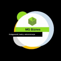 Graficzne logo firmy MG Biznes z zielonym sześcianem, napisem na zielonym pasku oraz hasłem 'Księgowość, kadry, administracja' na czarnym tle.