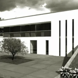 Wizualizacja nowoczesnego, dwukondygnacyjnego domu z płaskim dachem, dużymi oknami i minimalistyczną elewacją, otoczonego zielenią i drzewem na pierwszym planie, przedstawiona w monochromatycznej...