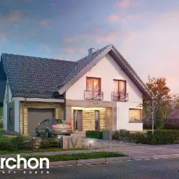 Wizualizacja projektu domu jednorodzinnego z garażem w Mierzynie, z dwuspadowym dachem, balkonami i samochodem zaparkowanym przed budynkiem.