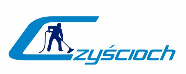 Niebieskie logo firmy sprzątającej 'Czyścioch' z sylwetką osoby czyszczącej powierzchnię za pomocą węża i szczotki.