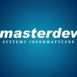 Białe logo firmy Masterdev Systemy Informatyczne na gradientowym, niebieskim tle. Nazwa firmy pisana kursywą, pod nią mniejszym drukiem 'SYSTEMY INFORMATYCZNE'.