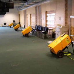 Trzy żółte osuszacze przemysłowe ustawione w rzędzie na zielonej wykładzinie w dużym, jasnym pomieszczeniu z drewnianymi panelami ściennymi, w tle krzesła i biurko.