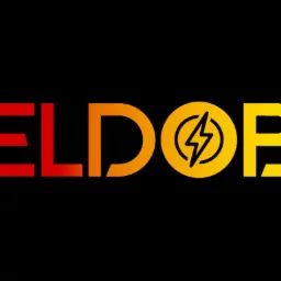 Logo firmy ELDOB z symbolem błyskawicy w okręgu, gradient kolorów od czerwieni do żółci na czarnym tle.