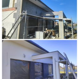 Usługi Ogólnobudowlane Dawid Niełacny - Porównanie stanu elewacji domu przed i po: surowy mur z ociepleniem i rusztowaniem kontra pomalowana elewacja z elementami dekoracyjnymi.