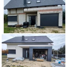 Usługi Ogólnobudowlane Dawid Niełacny - Zdjęcie przedstawia dom jednorodzinny przed i po ociepleniu elewacji, widoczne różnice w wyglądzie zewnętrznym, od surowego stanu do wykończonej elewacji z szarą fakturą i białymi ścianami.