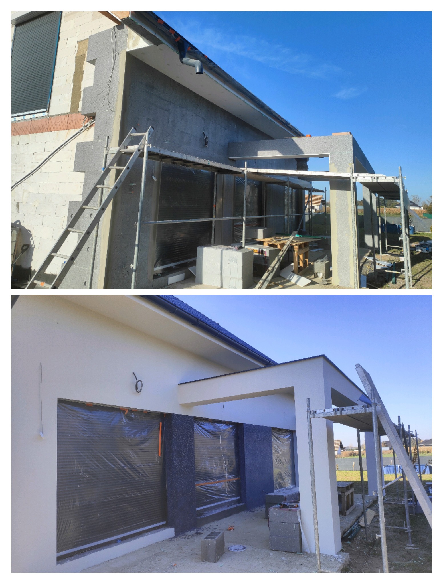 Porównanie stanu elewacji domu przed i po: surowy mur z ociepleniem i rusztowaniem kontra pomalowana elewacja z elementami dekoracyjnymi.