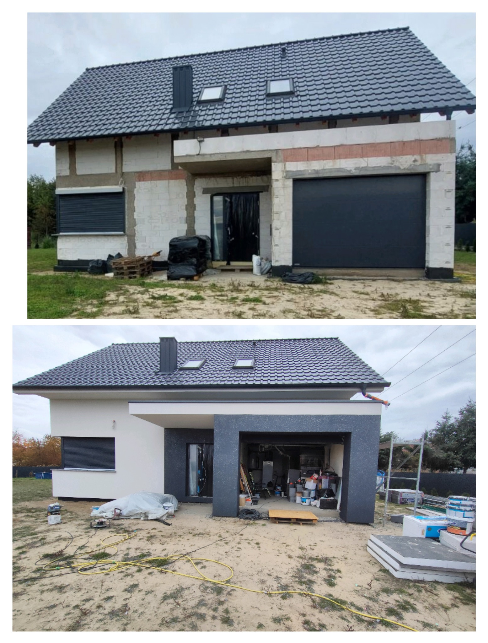 Zdjęcie przedstawia dom jednorodzinny przed i po ociepleniu elewacji, widoczne różnice w wyglądzie zewnętrznym, od surowego stanu do wykończonej elewacji z szarą fakturą i białymi ścianami.