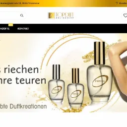 Strona internetowa sklepu z perfumami Topduft Onlineshop, prezentująca trzy flakony perfum marki Refan i modelkę z uniesionymi rękami.