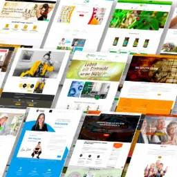 Kompozycja przedstawiająca ekrany różnych stron internetowych z motywami e-commerce, biznesowymi i lifestyle, ułożone warstwami pod kątem, ukazujące różnorodność projektów graficznych...