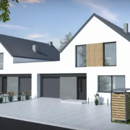 Wizualizacja bliźniaka z białymi ścianami, grafitowym dachem i garażami, z elementami drewnianymi na elewacji, przed domem zaparkowany biały samochód sportowy.