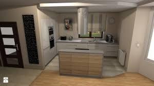 Wizualizacja 3D jasnej kuchni z wyspą, minimalistyczne białe szafki, okap cylindryczny, widok na okno i grzejnik.