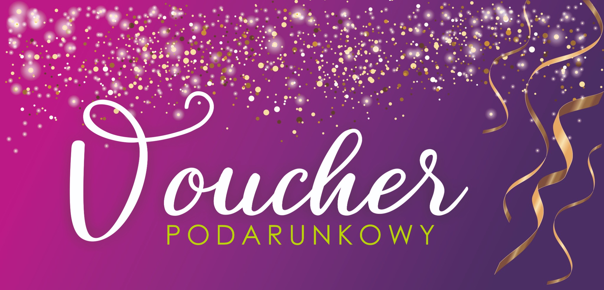 Grafika z napisem 'Voucher Podarunkowy' na fioletowo-różowym tle z konfetti i złotymi wstążkami.