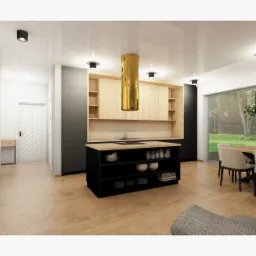 Wizualizacja przestronnej kuchni z wyspą, złotym okapem i drewnianą podłogą. W tle jadalnia z dużym oknem na ogród.