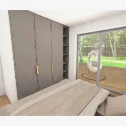 Wizualizacja sypialni z szarą szafą w zabudowie z złotymi uchwytami, widok na ogród przez duże okno przesuwne, na zewnątrz wiszące krzesło.