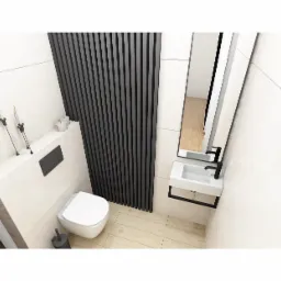 Nowoczesna toaleta w jasnych barwach z drewnianą podłogą, czarnymi akcentami w postaci grzejnika panelowego, armatury i minimalistycznego zestawu WC z dekoracyjnymi świecami.