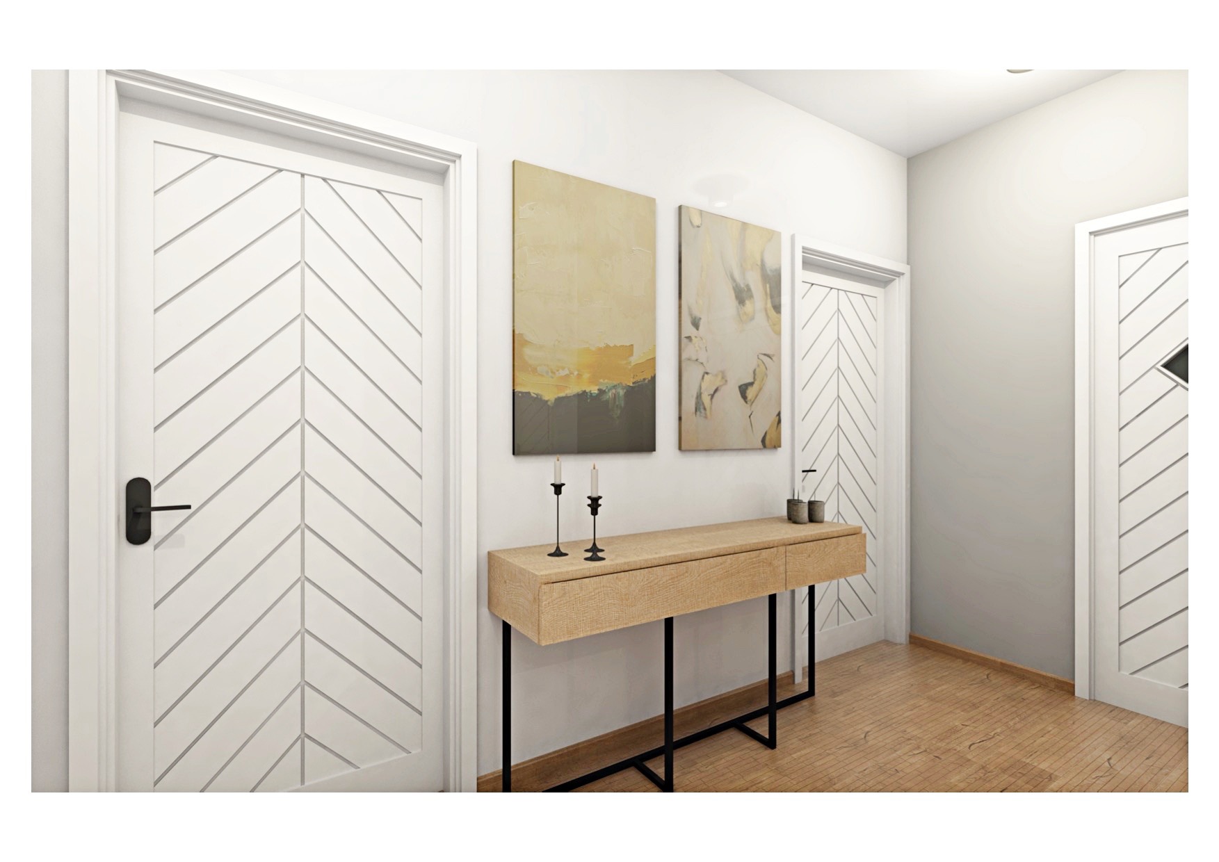 Neutralna aranżacja przedpokoju z białymi drzwiami z wzorem w jodełkę, drewnianą konsolą na czarnych nogach, abstrakcyjnymi obrazami i parkietem.