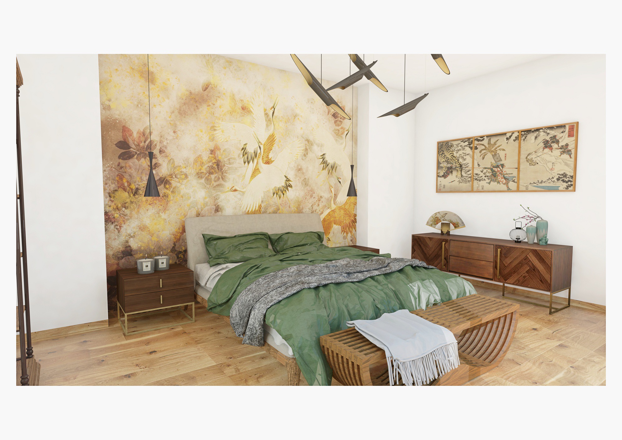 Wizualizacja sypialni w stylu japońskim z tapetą w motywy żurawi, drewnianą komodą z wachlarzem i obrazami, nowoczesnymi lampami wiszącymi i łóżkiem z zieloną pościelą.