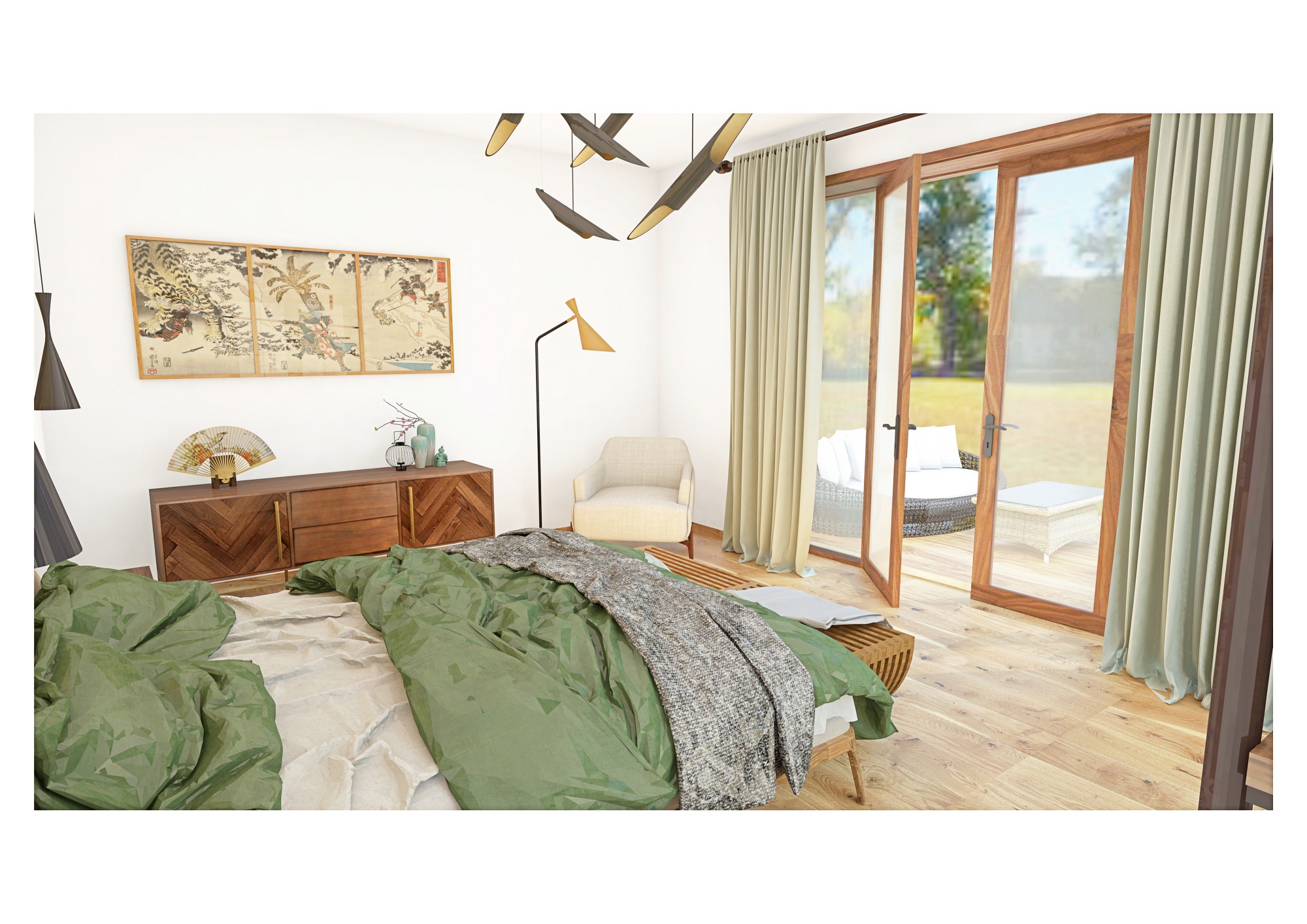 Jasna sypialnia z łóżkiem w zielonej pościeli, drewnianą komodą z japońskim wachlarzem i obrazem, oraz wyjściem na taras z meblami rattanowymi.