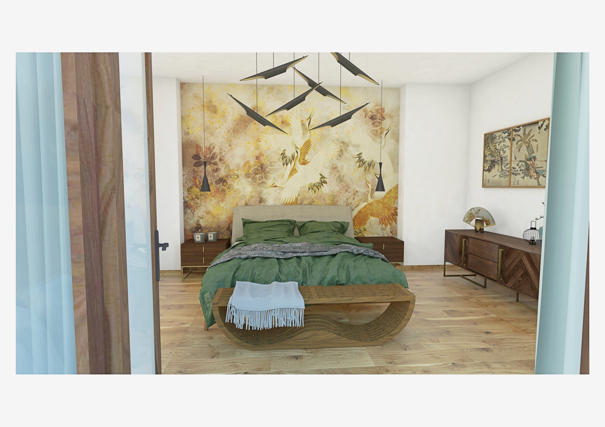 Sypialnia w Grodzisku Mazowieckim z łóżkiem w zielonej pościeli, drewnianą ławką z frędzlami u wezgłowia, wzorzystą tapetą z motywem żurawi i asymetryczną lampą sufitową.