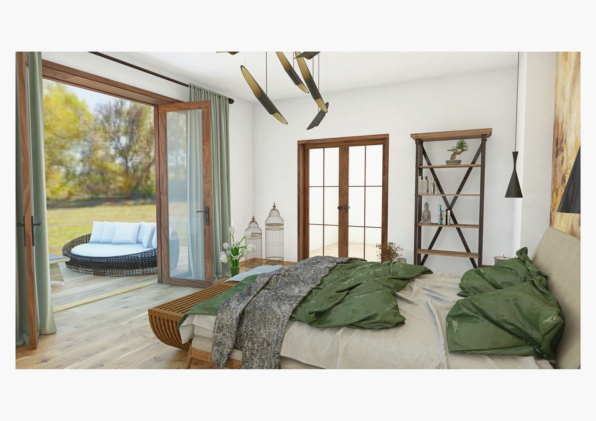 Jasna sypialnia z drewnianą podłogą, łóżkiem z zieloną pościelą i kocem, regałem z bonsai, lampą wiszącą, dekoracyjnymi klatkami dla ptaków i otwartymi drzwiami na taras z okrągłą sofą.