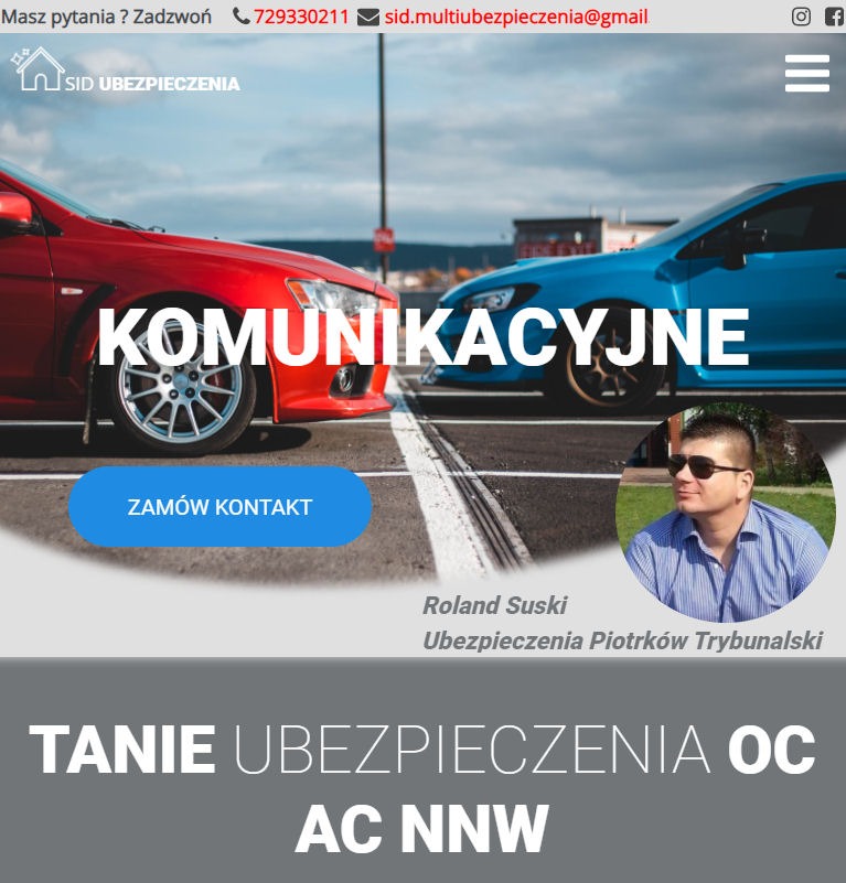 Strona internetowa firmy ubezpieczeniowej z czerwonym i niebieskim samochodem na parkingu, napis 'KOMUNIKACYJNE', przycisk 'ZAMÓW KONTAKT', zdjęcie agenta Roland Suski i napis 'TANIE UBEZPIECZENIA...
