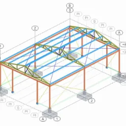 Schemat 3D hali stalowej z oznaczeniami wymiarów i typów profili, widok izometryczny.