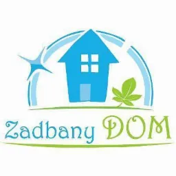 Logo firmy sprzątającej: stylizowany niebieski dom z czterema oknami i zielonym liściem, napis 'Zadbany DOM' w kolorach niebieskim i zielonym.