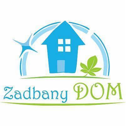 Logo firmy sprzątającej: stylizowany niebieski dom z czterema oknami i zielonym liściem, napis 'Zadbany DOM' w kolorach niebieskim i zielonym.