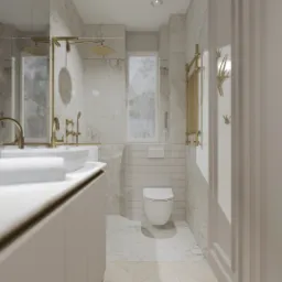 Elegancka łazienka z marmurowymi ścianami, podwójną umywalką na blacie, złotą armaturą, toaletą wiszącą i dekoracyjnymi ptakami na ścianie.