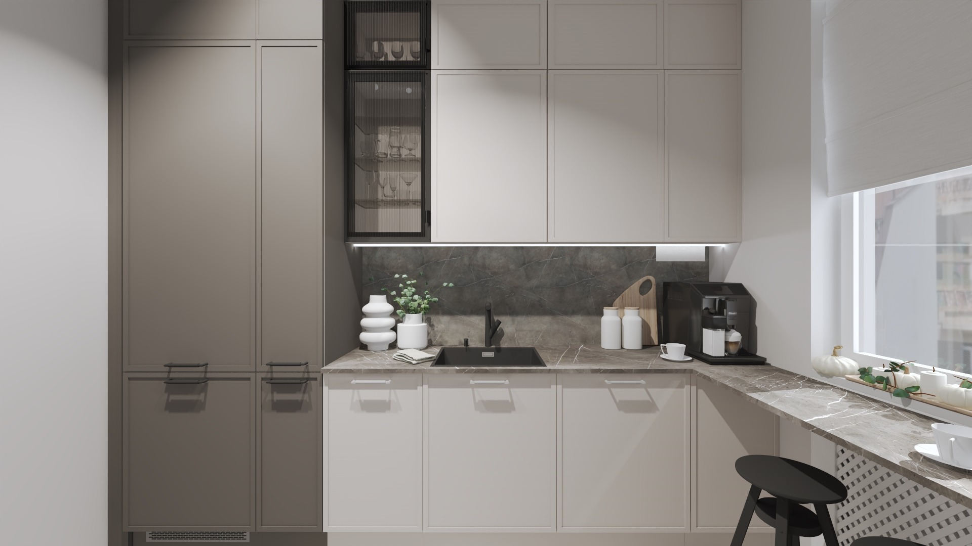 Nowoczesna kuchnia w odcieniach szarości i bieli z marmurowym blatem, ekspres do kawy i dekoracje na blacie, widok na miasto przez okno.