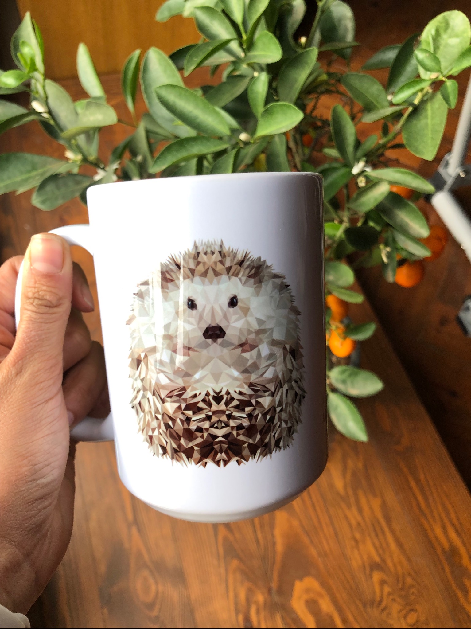 Biały kubek z geometrycznym wzorem jeża, trzymany w dłoni, na tle drewnianego stołu i rośliny cytrusowej z małymi pomarańczami.