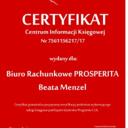 Certyfikat Centrum Informacji Księgowej dla Biura Rachunkowego PROSPERITA, wydany 15.11.2017 r., potwierdzający pozytywną weryfikację usług księgowych w Programie C.I.K., podpisany przez Jakuba...