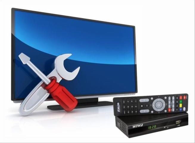 Ilustracja przedstawia telewizor z narzędziami (śrubokręt i klucz płaski) leżącymi na ekranie oraz dekoder z pilotem na białym tle.