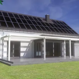 Wizualizacja domu jednorodzinnego z panelami fotowoltaicznymi na dachu, zadaszonym tarasem i betonowym wykończeniem elewacji, otoczonego zielonym trawnikiem.