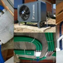 Kompozycja zdjęć przedstawiająca elementy instalacji: metalowe rury izolowane folią, niebieskie i zielone rury karbowane, zewnętrzna jednostka pompy ciepła Feris, oraz fragmenty montażu...