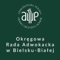 Logo Okręgowej Rady Adwokackiej w Bielsku-Białej na zielonym tle z napisem 'Prawo Ojczyzna Honor' i symbolem adwokatury.