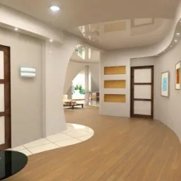 Nowoczesne wnętrze mieszkania z drewnianą podłogą, białymi ścianami, oświetleniem LED i dekoracyjnymi elementami. W tle widoczny salon z meblami.