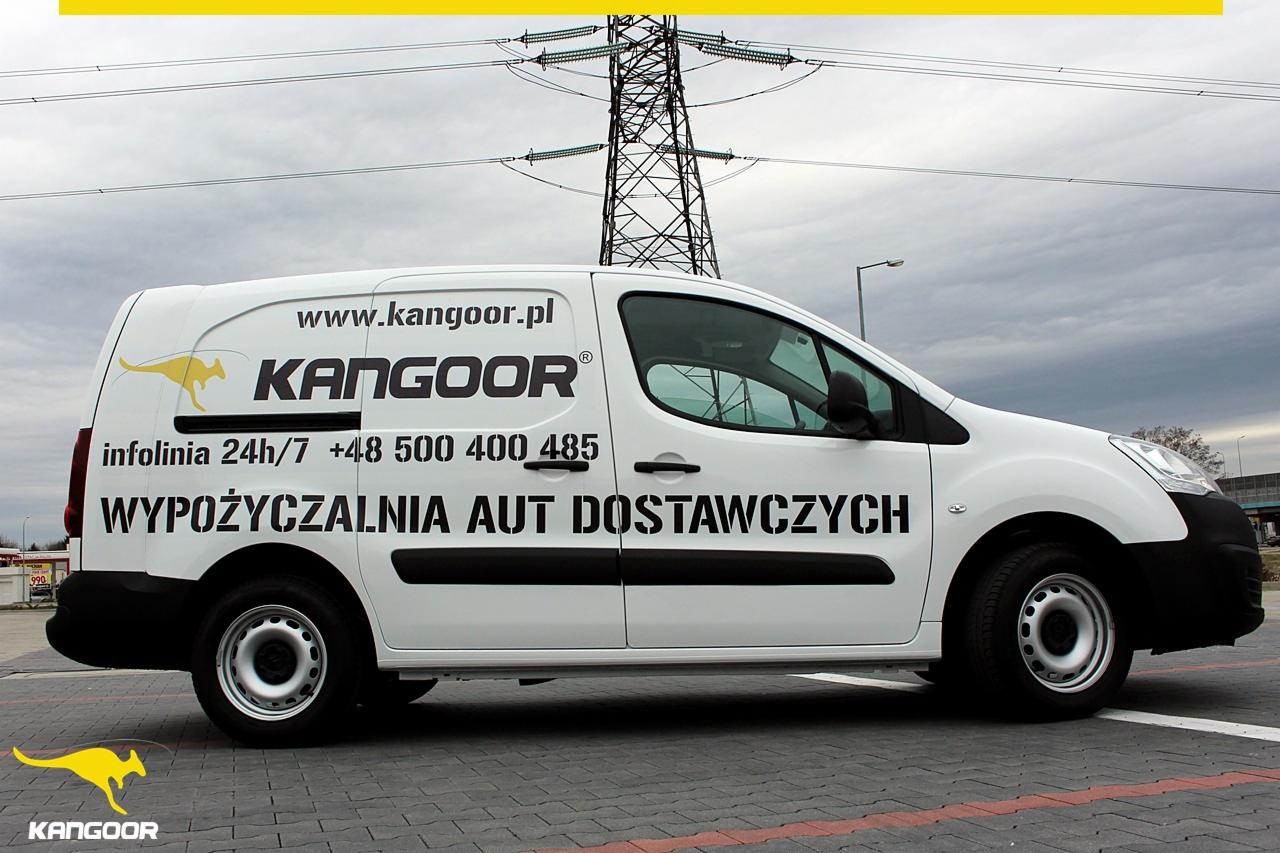 Biały samochód dostawczy z logo firmy i napisem 'WYPOŻYCZALNIA AUT DOSTAWCZYCH' na tle szarego nieba i słupa wysokiego napięcia.