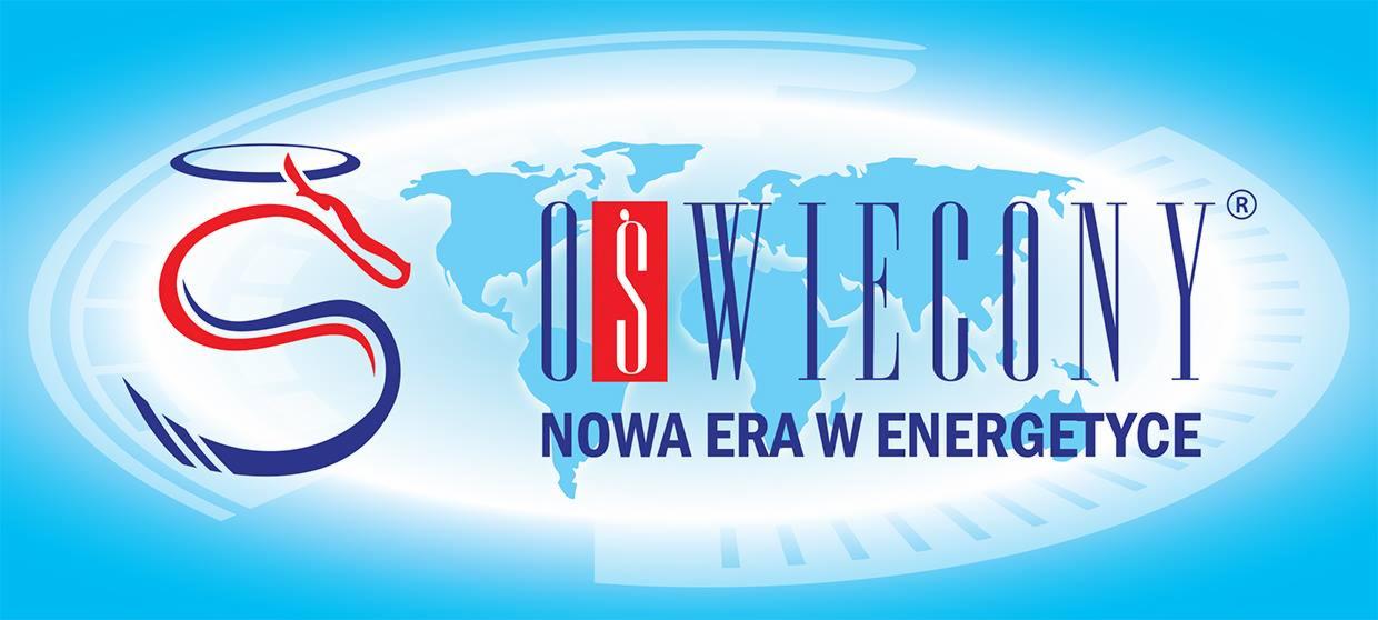 Logo firmy energetycznej 'Oświecony' z mapą świata w tle, hasłem 'Nowa Era w Energetyce' i stylizowaną literą 'S' z aureolą.