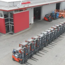 Rząd nowych wózków widłowych spalinowych marki Goodsense, zaparkowanych przed halą magazynową z logo firmy Tomwidak, widok z góry.