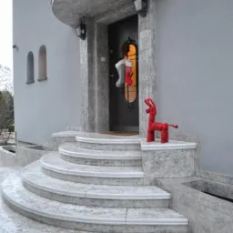 Zewnętrzne schody półokrągłe z szarego betonu architektonicznego prowadzące do wejścia domu, udekorowane świątecznym wieńcem i skarpetami, z czerwoną dekoracją renifera na jednym z stopni.