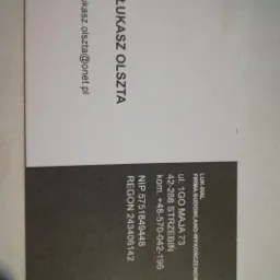 Wizytówka firmy budowlano-wykończeniowej ŁUK-MAL z danymi kontaktowymi: imię i nazwisko, adres, numer telefonu, NIP, REGON i adres e-mail.