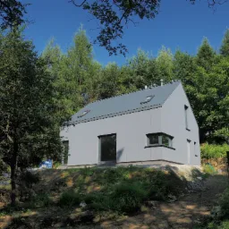 Nowoczesny, parterowy dom w odcieniach szarości z płaskim dachem i oknami dachowymi, otoczony zielenią drzew i krzewów, sfotografowany w słoneczny dzień.