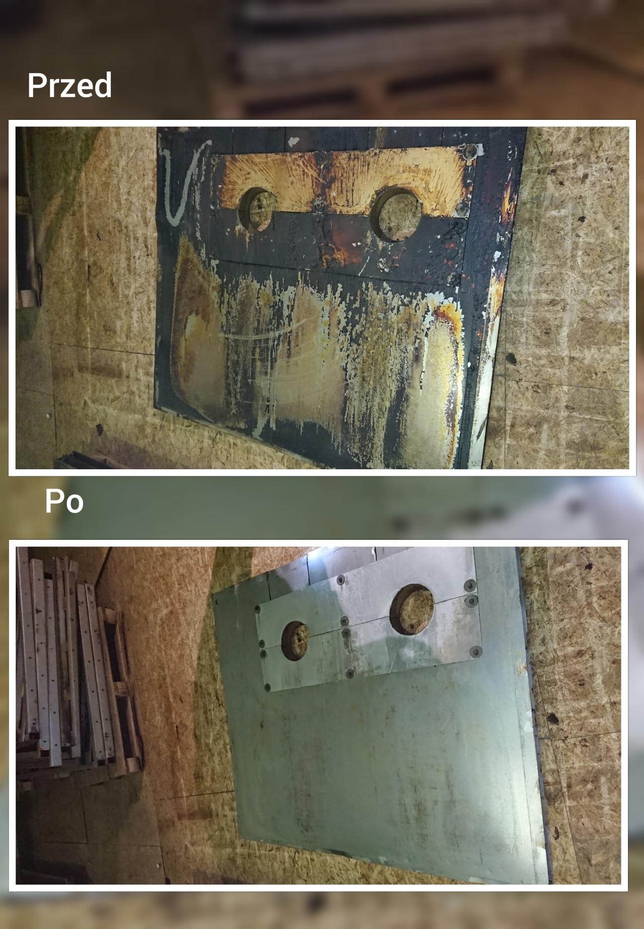 Zdjęcie porównawcze 'przed' i 'po' czyszczeniu metalowej płyty z dwoma okrągłymi otworami, widoczne ślady korozji i zabrudzeń usunięte w procesie czyszczenia.