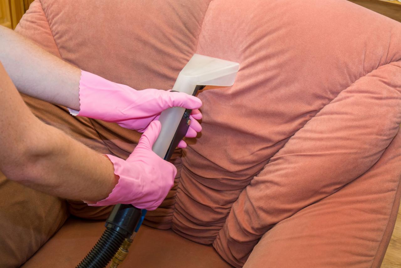 Pranie różowej, welurowej kanapy za pomocą odkurzacza piorącego, widoczne ręce w różowych rękawiczkach ochronnych i fragment ciemniejszego siedziska.