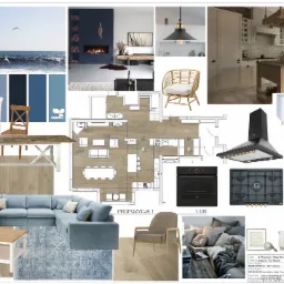 Moodboard prezentujący propozycję aranżacji wnętrza salonu, z paletą kolorów, meblami i planem pomieszczenia.