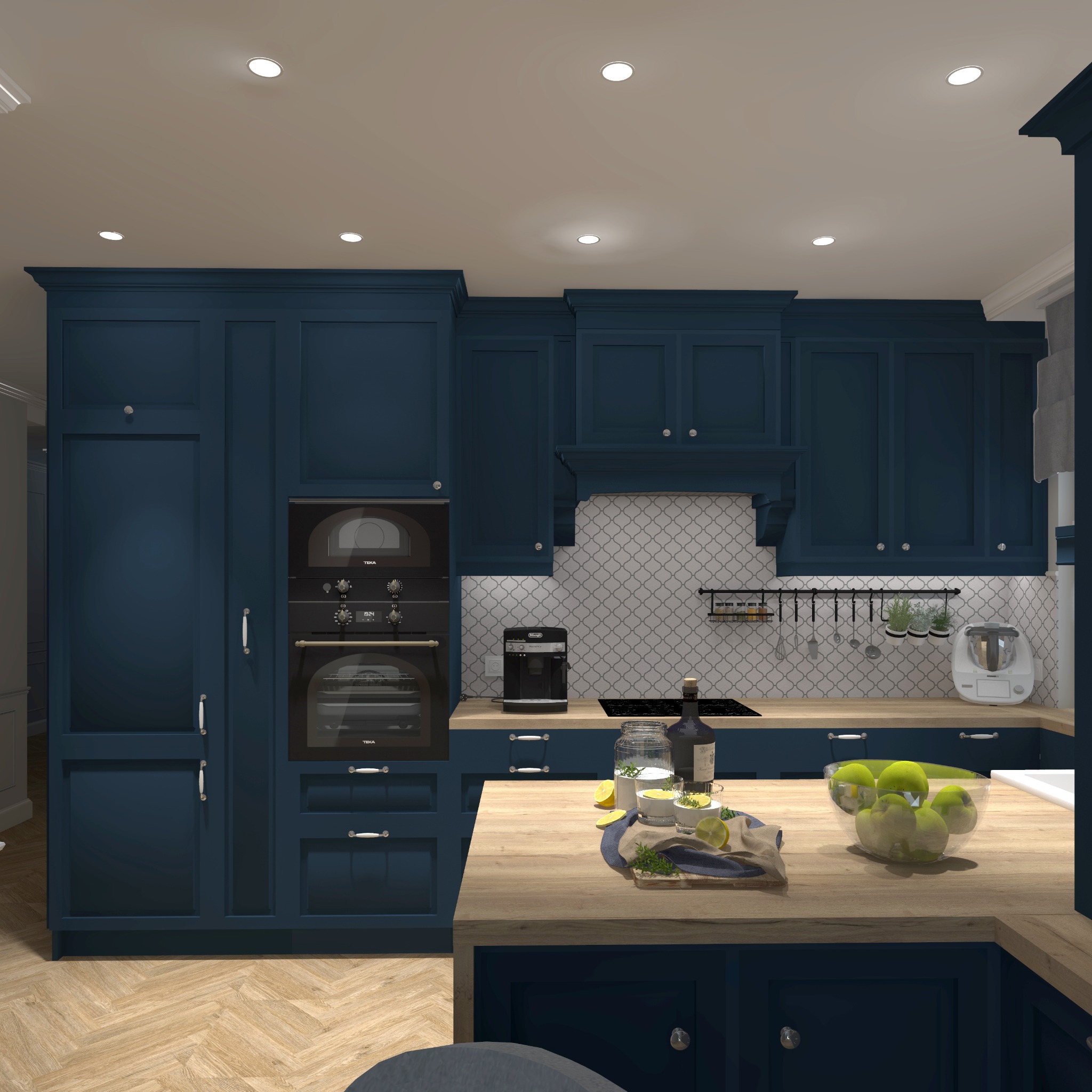 Kuchnia w w głębokim granacie - styl klasyczny. Ogrody Tesoro