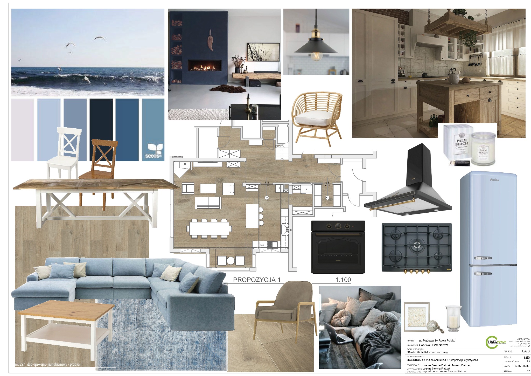 Moodboard prezentujący propozycję aranżacji wnętrza salonu, z paletą kolorów, meblami i planem pomieszczenia.