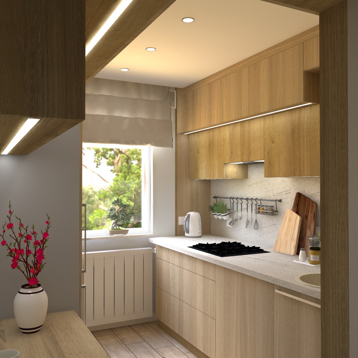 Jasna kuchnia z drewnianymi szafkami i blatem z jasnego kamienia, okno z roletą rzymską, dekoracyjny bonsai na parapecie, oświetlenie LED podszafkowe i sufitowe, wazon z kwitnącą gałązką.
